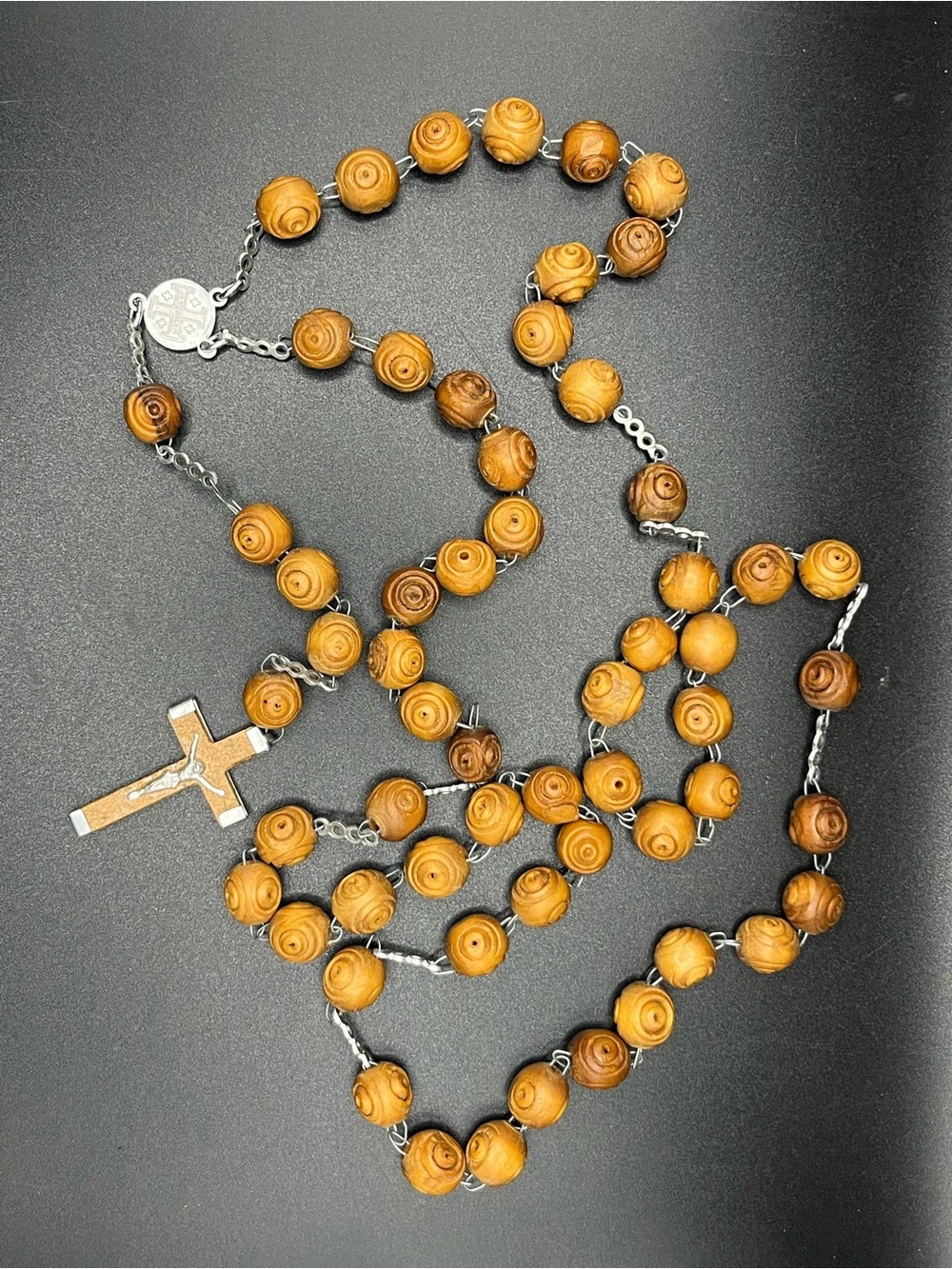 Vintage Wood Bead Rosary Necklace with Silver Cross
